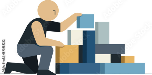 Single abstract geometric human figure aligns multiple blocks into coherent structured arrangement revealing emergent clarity,