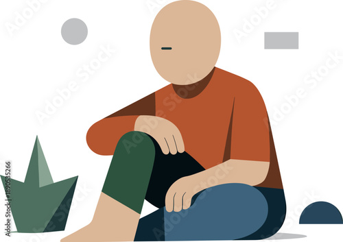 Abstract geometric human figure sitting quietly amid minimal scattered shapes representing meaning distilled through focus,