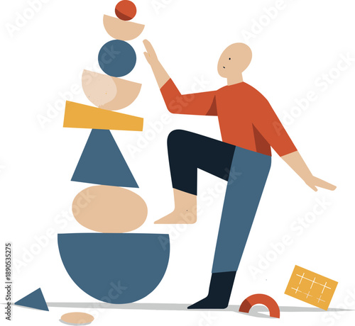 Single abstract geometric figure delicately balances stacked and aligned shapes while scattered forms shift, illustrating