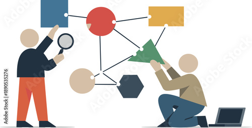 Geometric Network Connections. Two abstract geometric figures adjust and connect geometric shapes forming visible network lines,