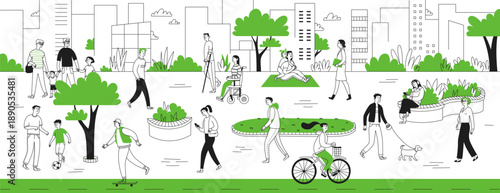 Doodle people in an eco-urban park landscape. A diversity of adults and children, men and women, and pets. Bike path, plants. Vector linear illustration
