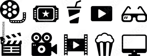 Collection of cinematic icons representing movie watching and entertainment including film reel and popcorn