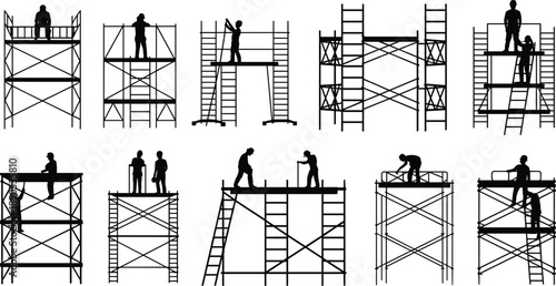 Construction workers silhouettes on scaffolding platforms, builders performing tasks at height with ladders and safety structures, industrial construction process, black vector illustration
