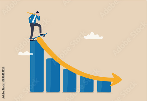 Prepare for economic down fall, collapse recession or financial crisis causing stock and crypto market to fall down concept, thoughtful businessman with skate board prepare to run down financial graph