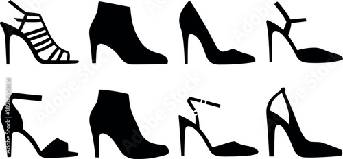Collection of eight black silhouette fashion footwear icons isolated on transparent background