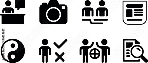 Collection of eight diverse black and white icons representing business communication and lifestyle elements