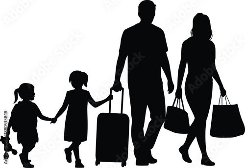 Family travel silhouette vector illustration featuring parents and children walking with luggage, vacation journey concept, airport holiday lifestyle black design