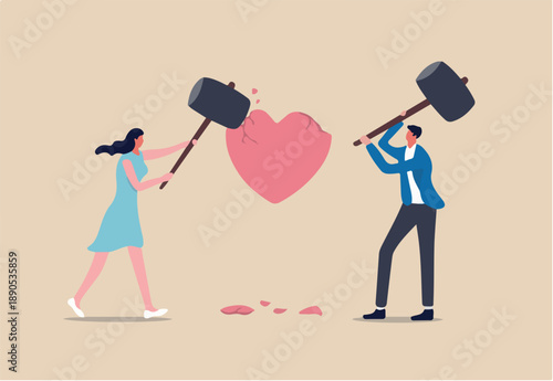 Marriage difficulties problem, divorce or violence or painful in broken relationship couple concept, angry couple husband and wife using big hammer to hit broken heart shape metaphor of family problem