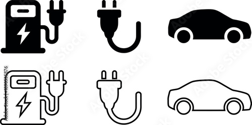 Collection of electric vehicle charging icons including charging stations plugs and car silhouettes for transport and energy themes