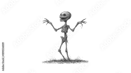 Spooky skeletal creature illustration, an eerie fantasy monster drawing with a creepy grin and clawed hands, perfect for Halloween.
