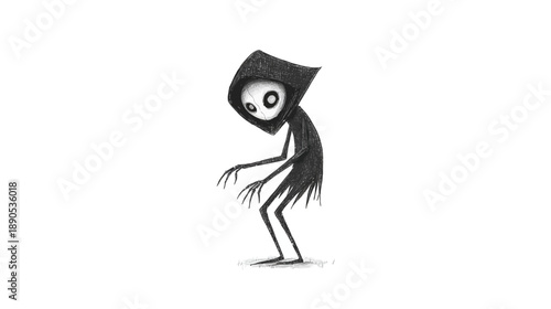 Eerie dark hooded creature with glowing eyes, a spooky melancholic spirit illustration. Creepy cartoon character isolated on white.