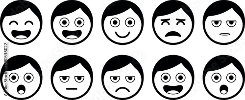 Diverse set of stylized facial expression icons showing various emotions isolated on a transparent background