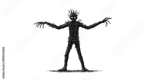 Eerie shadowy monster creature illustration with glowing eyes, long claws, dark fantasy art, spooky nightmare myth