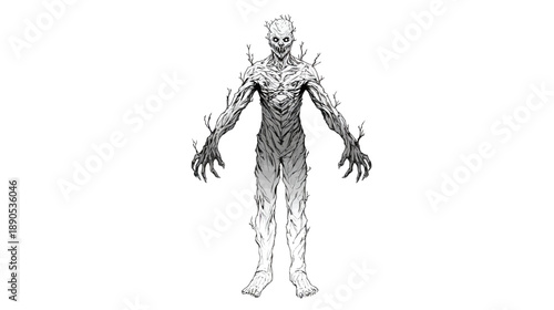 Creepy fantasy monster illustration, gaunt humanoid creature with sharp claws and gnarled skin, dark horror concept art drawing