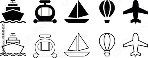 Collection of transportation icons including ships helicopters sailboats hot air balloons and airplanes