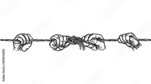 Black and white sketch of multiple hands pulling a rope, symbolizing teamwork, struggle, conflict, competition, and unity.
