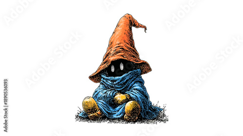 Whimsical fantasy character illustration: a cute, mysterious creature wearing a large orange pointed hat and a blue cloak, sitting.