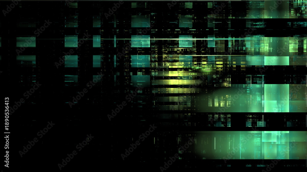 Fototapeta premium Digital patterns form lines and shapes in shades of green against a black background. design has a mix of bright and dark tones creating an abstract appearance. 3d render