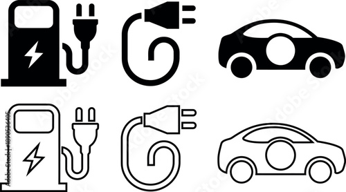 Set of electric car charging station icons with plug and vehicle silhouette isolated on transparent background