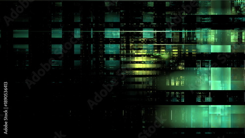 Quadro su tela Digital patterns form lines and shapes in shades of green against a black background