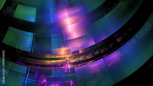 Light forms interact in a dark setting, creating colorful shapes and patterns. scene offers a mix of colors and lines, suggesting movement and rhythm in the design. 3d render