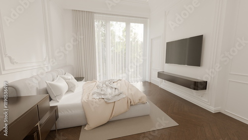 Billede på lærred spacious bedroom features a large bed with light bedding