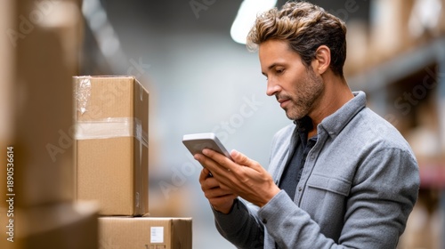 Male warehouse worker using a digital tablet for inventory management and scanning shipping boxes in a modern distribution center, optimizing supply chain logistics