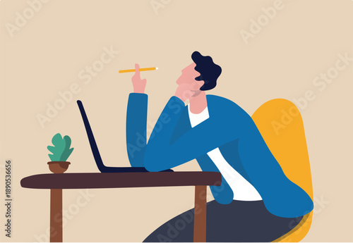 Boring office worker, exhausted or fatigue employee, afternoon slump or tired and burnout at work concept, sleepy businessman office worker hand on chin bored sitting low energy on his working desk.