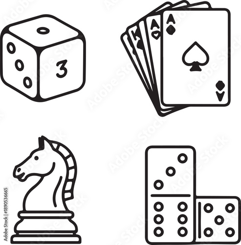 Collection of classic game icons including dice, playing cards, chess piece, and dominoes