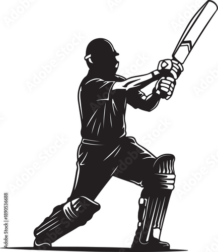 Cricket Player Silhouette Swinging Bat in Action Silhouette of a Cricketer in Protective Gear Ready to Hit the Ball