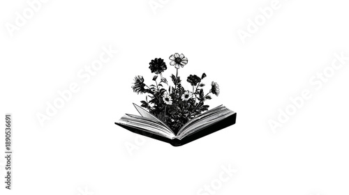 Monochrome illustration of an open book with blooming flowers emerging, symbolizing knowledge, education, growth, and nature.