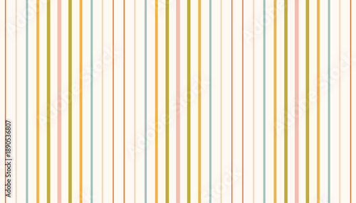 Halftone seamless pattern of vertical lines in a retro color palette of teal, gold, pink, and red on a cream background. This simple linear design is ideal for fabric, wallpaper, or web backgrounds.