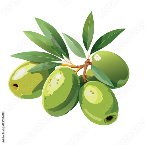 fresh green olives with leaf lying on surface