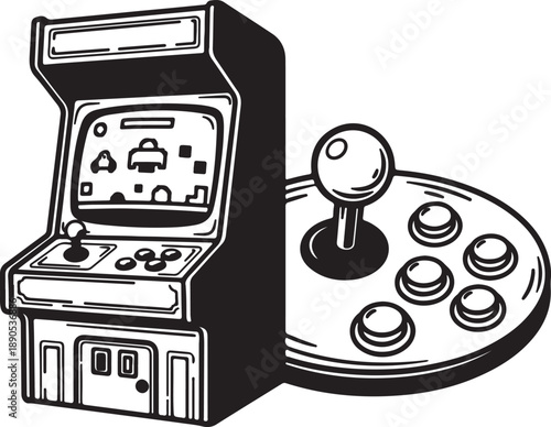 Vintage Arcade Machine and Joystick with Buttons - Retro Gaming Entertainment Icon