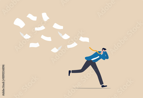 Overwhelmed or work overload, exhausted and anxiety, stressed and tired from problem and trouble, panic attack or shocked, burnout and depression concept, fearful businessman runaway from paperwork.