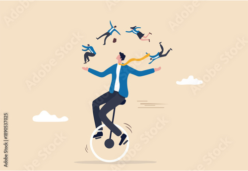 People management or HR, human resources, diversity or inclusive, career and recruitment concept, smart skillful businessman manager riding unicycle balance juggling team members diversify people.