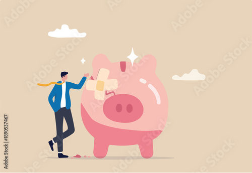 Fix financial problem, investment or saving impacted by crisis or inflation, bankruptcy, deposit or budget concept, poor cracked piggy bank with bandage metaphor of fixing problem.