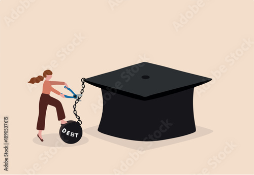 Student loan debt pay off or forgiveness program, cut education expense or reduce fee concept, young adult woman cut chain to relief from student loan debt burden metal ball from graduated mortarboard