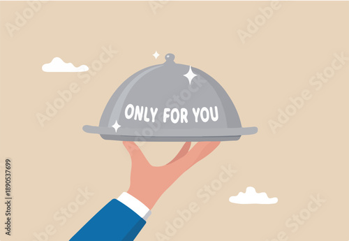Special service only for you, best selection for business, consulting, advice or knowledge to be success, answer or solution concept, businessman hand serve dining tray with the word only for you