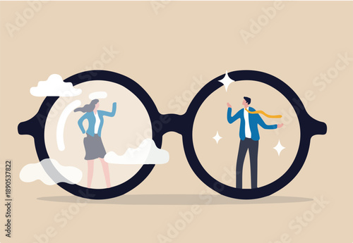 Gender bias, sexism inequality in workplace and social, prejudice, stereotyping, or discrimination against women concept, eyeglasses with clear vision on businessman and unclear blurry vision on woman