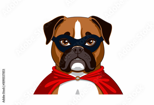 Illustration of a Boxer Dog Wearing a Red Superhero Cape and Black Mask Expressing Heroic Appearance on White Background
