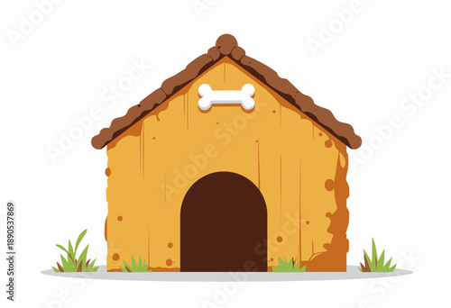 Illustration of a Wooden Doghouse Adorned with a Bone Decoration on the Roof with Green Grass Surrounding the Base on a White Background