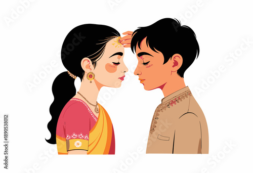 Illustration of a Traditional Cultural Ritual with a Young Couple Featuring Vibrant Attire and Symbolic Gestures Highlighting Connection and Heritage