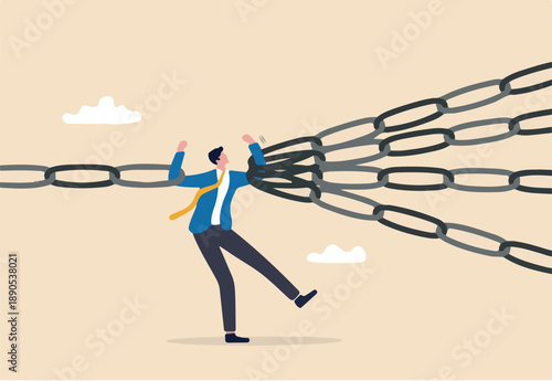 Single point of failure, risk or vulnerable weak point to make all system down, important point to hazard or beware danger concept, businessman at try so hard to hold multiple chain to avoid failure.