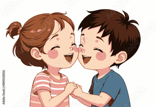 Illustration of two cheerful children joyfully laughing and holding hands, capturing a moment of pure happiness and companionship with vibrant colors and playful expressions.