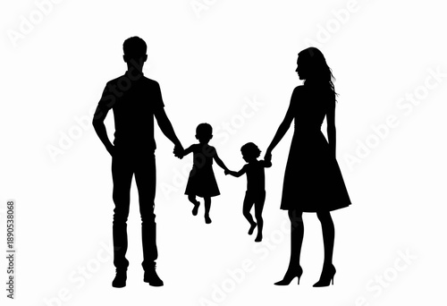 Silhouette of a Family with Two Children Walking Hand in Hand, Capturing Unity and Togetherness Against a White Background Illustrating Bonding and Harmony