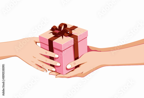 Illustration of two hands exchanging a beautifully wrapped pink gift box with a brown ribbon, symbolizing the act of giving and receiving presents