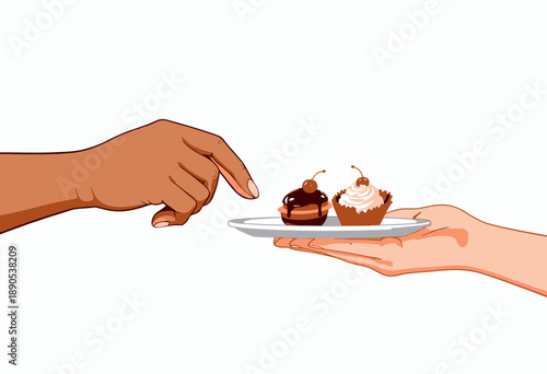 Illustration of Two Hands Holding and Offering a Plate with a Chocolate Tart and a Vanilla Cupcake Topped with Cherries in a Shared Culinary Moment
