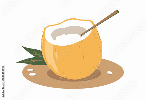 Freshly Cracked Coconut Illustration Showing Nutritious Coconut Milk and Flesh with Green Leaves and Straw on Wooden Surface