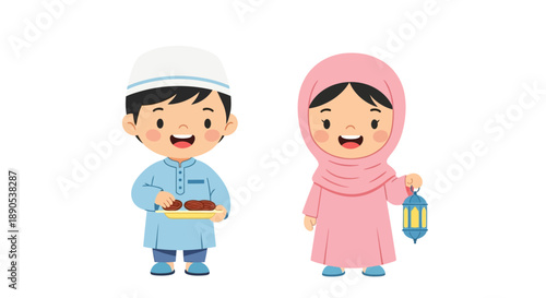 Cartoon Muslim Boy and Girl with Lantern.